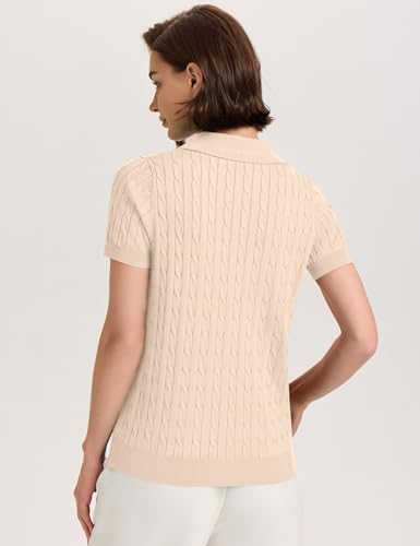Image of Micoson Womens Short Sleeve Sweater Tops Lapel V Neck Polo Shirts 2026 Summer Cable Knit Loose Blouse Business Casual Outfits