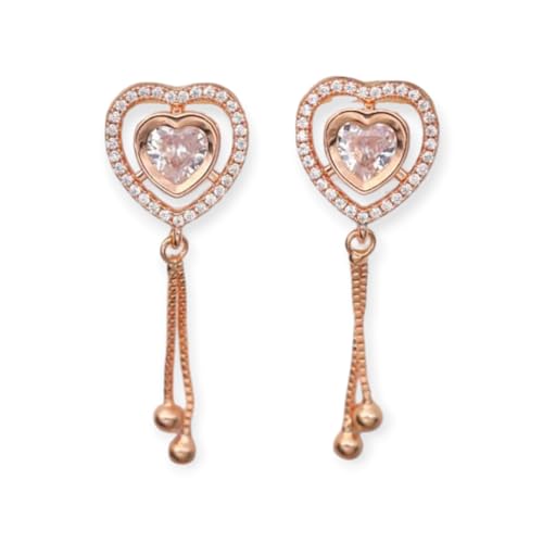 Image of Nilus Collection Rose Gold Plated Heart Design Dangling Earrings with American Diamond Stones For Women And Girls | Gift For Her | Rose gold wedding gift |Romantic gift for women