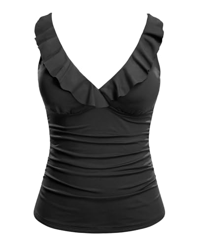 Black Women Ruffled Tankini Top Only - Tummy Control...