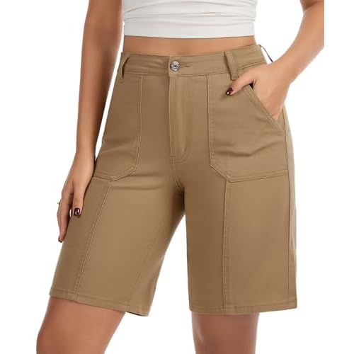VIPONES Bermuda Shorts for Women High Waisted Jean Shorts Casual Summer Trendy Outfits Stretchy Denim Shorts Small Beige
