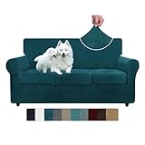 ZNSAYOTX Luxury Velvet Couch Cover 4 Piece Stretch Sofa Covers for 3 Cushion Couch Soft Spandex Sofa Slipcover Living Room Anti Slip Dogs Pet Furniture Protector (Deep Teal), 71'-91'(3 Cushions)