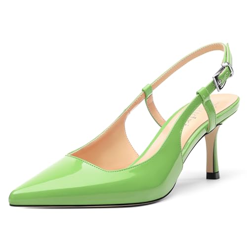 Women's Patent Leather Ankle Strap Slingback Pointed Toe Mid Heel Pumps Business Office Work Dress Shoes 2.55 Inch
