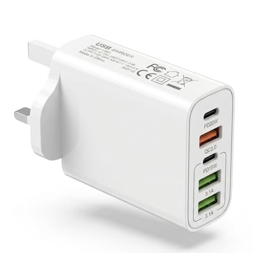 Image of JINHENDS 65W USB C Plug, 5-Port Multi Fast Charger Plug UK, 2-Port PD Power Adapter + QC Wall Charger C Charging Plug for iPhone 16 15 14 13 12 11 Pro Max XS XR SE, iPad, AirPods (White)