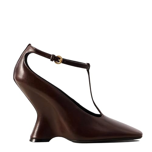 Women's Leather Wedge Slingback Heels with Adjustable Ankle T-Strap Buckle, Square Closed Toe Pumps, Fashion Evening Party Shoes