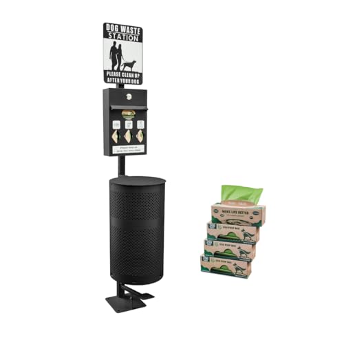 Image of Hands-Free Dog Waste Station Outdoor with Pedal - Dog Waste Disposal System for Park & Trails - Rust Proof Doggie Station - Night Glowing Sign | 800 Pet Waste Bags & 100 Can Liners (Black)