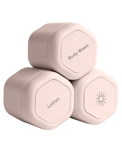 Cadence Travel Containers - Body Care Capsule Set - Magnetic Travel Capsules - For Body Wash, Lotions, Sunscreens - 3 Flex Mediums (1.32oz) with Body Wash, Lotion, & Sun Icon Labels - Petal