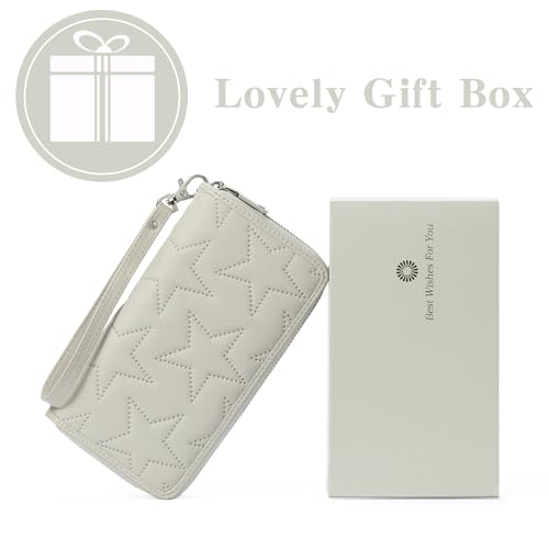 GOIACII Women's Wallet Large Capacity Double Zip Around Ladies Wallet with RFID Blocking Phone Wristlet Purse Star Off-white