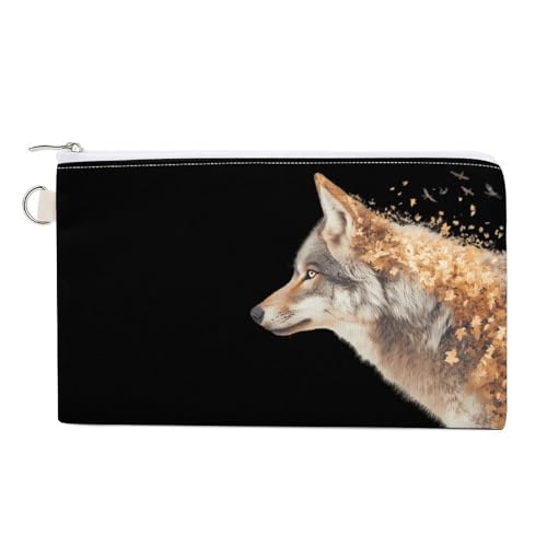Wolf Golden Leaves Birds Fashion Coin Purse Change Makeup Bag Canvas Pencil Pouch Travel