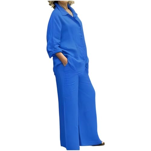 Womens Oversized 2 Piece Outfits Plus Size Loose Long Sleeve V Neck Tops and Wide Leg Pants Suits with Pockets