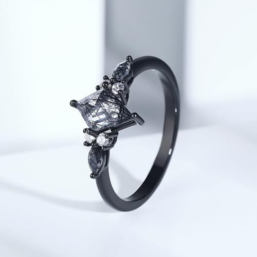 Black Rutilated Quartz Bridal Wedding Ring Sets - Personalized Engraved Engagement Rings for Women Gothic Kite Cut Promise for Her Wife Fiancée2