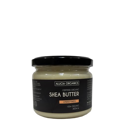 ALUCIA ORGANICS Burro di karitè grezzo non raffinato biologico certificato, 300 ml, puro, naturale, non raffinato, crudo, impastato a mano, vegano, senza profumo, per pelle, corpo, capelli
