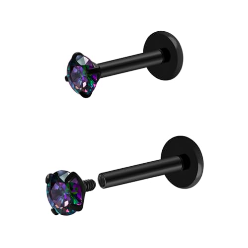 16G 18G Titanium Internal Thread CZ Stud Earrings Flat Back, Silver Black Tragus Helix Conch Cartilage Piercing Jewelry for Women Men 6mm 8mm 10mm Labret Studs 2PCS