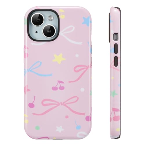 Coque iPhone 15 rose antichoc QLTYPRI étui silicone nœud étoiles cerises pour femme
