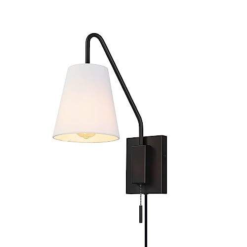 Image of Globe Electric 1-Light Matte Black Swing Arm Plug-in or Hardwire Wall Sconce with White Fabric Shade