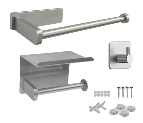 Conjunto Accesorios de Baño Adhesivos y Tornillos, Portarrollos con Estante Plata, Toallero de Baño sin Taladro y Gancho, Acero Inoxidable, Agujeros Invisibles, Diseño Moderno y Elegante