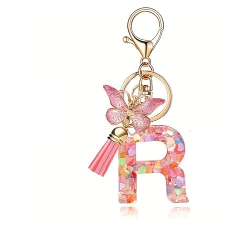 Image of GEOCARTER Lightweight Fashion Initial Letter Key Ring with Butterfly Pendant & Tassel, Stylish Purse Charm for Handbags, Car Keys, Gifts for Girls & Women