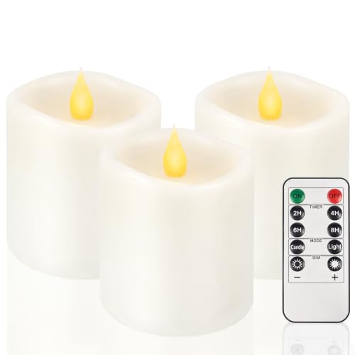 Image of 3x3 Flickering Flameless Candles Set of 3,3 inch Real Wax LED 600 Hours Battery Candles with Timer Remote,Control for Wedding Party Indoor,White
