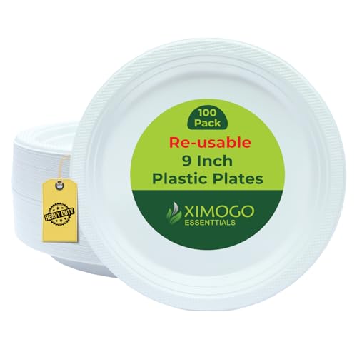 XIMOGO Reusable Plastic Plates 100 Count 9-Inch Heavy-Duty Party Plates Sturdy & Hard BPA-Free & Microwave Safe Dinnerware for Parties Picnics & Events