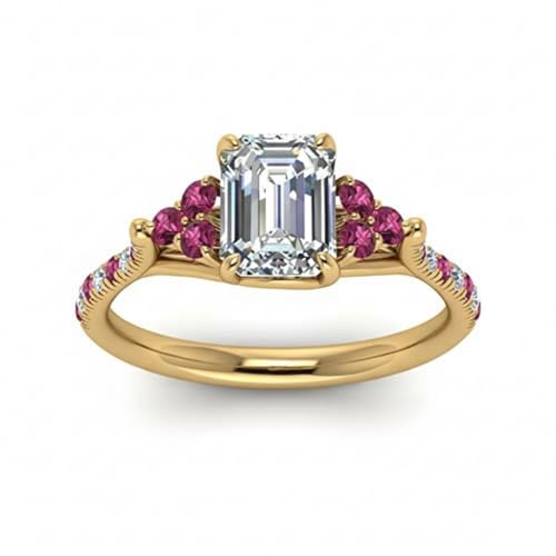 Image of Choose Your Gemstone Emerald Cut Petite Cathedral Diamond CZ Ring Yellow Gold Plated Emerald Shape Petite Engagement Rings for Women, Girls and Ladies US Size 4 to 12