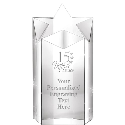 Crown Awards Personalized Crystal Trophy, 8" Engraved 15 Years of Service Super Nova Crystal Award Prime
