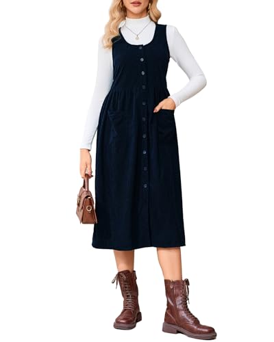 Women's Corduroy Overall Floral Midi Dress Sleeveless Button Front Fall Winter Casual Jumper Tank Dress, Navy Blue, M