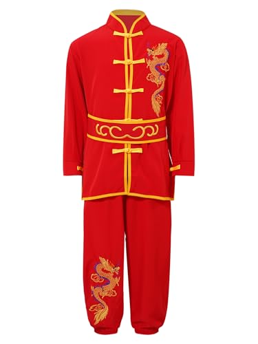 dPois Costume Kung Fu Enfants Garçons Filles Arts Martiaux Vêtements Unisexe Uniformes Traditionnels Chinois Tai Chi Chinois Ensembles 3-16 Ans Rouge 5-6 ans
