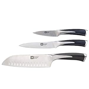 Richardson Sheffield Kyu messenset, groentemes, universeel mes en santokumessen, messenset, professionele messen, antislip greep, chroom-molybdeen-vanadium staal, zilver/zwart, 3-delig