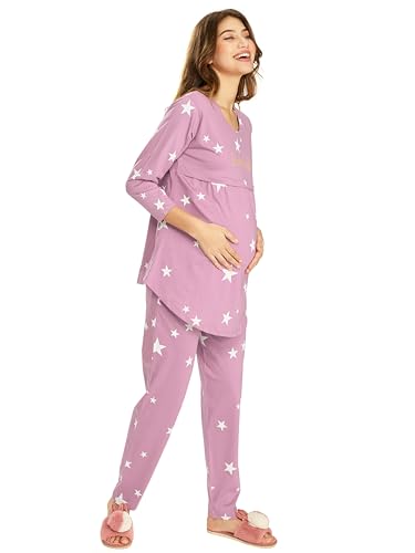 Image of LOTIK Women's Cotton Star Print Maternity & Feeding Night Suit Set