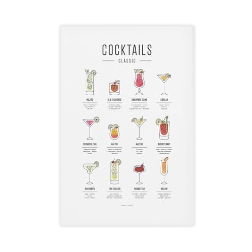 BMtyDG Classic Cocktails Modern And Simple Cocktail Recipes Canvas Poster Wall Art Prints Room Aesthetic Murals Bedroom And Living Decorations Unframe 16x24inch