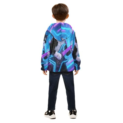 Cool Cat Plays Guitar Neon Toddler Fleece Jacket Girl Boys Hooded Fleece Jacket Coat Warm Outwear Zip-up 3-10T4