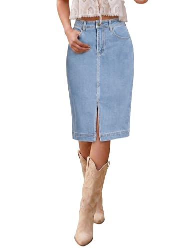 luvamia Denim Skirt Women Midi Jean Stretchy Denim Stretch Midi Skirts for Women Trendy Summer Cool Blue Size Medium US 8 to 10