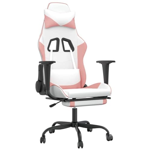 Silla de gaming con masaje y reposapiés, piel sintética blanca y rosa, 345420