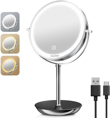 Auxmir Specchio con Luci di 3 Colori, Ingranditore 20X/1X, Luminosità Regolabile Bifacciale Rotazione a 360°con Contenitore, Ideale per Trucco, Rasatura e Cura del Viso