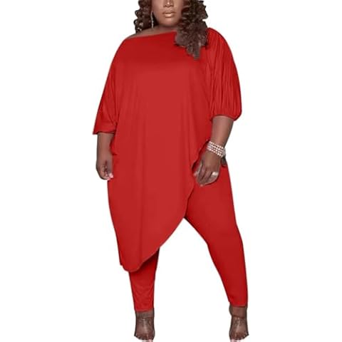 Huasemy Plus Size Outfits for Women,Plus Size Outfits 2 Piece,Tracksuits Long Sleeve Slant Shoulder Asymmetrica Tops Bodycon Pants Sweatsuit Sets Cover