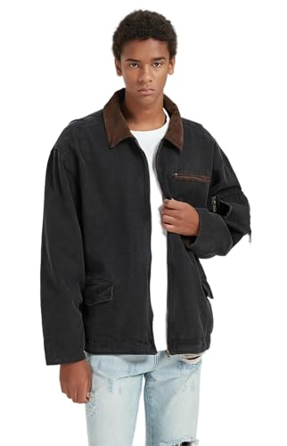 CLOAKA Bomber Jacket for Men Fall Spring Lightweight Streetwear Oversized Casual Stylish Cotton Zip Up Coat Fashion Hip Hop Buttoned sleeves with Multiple pockets Black M