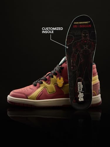 Image of The Souled Store Iron Man: Arc Reactor Men and Boys High Top Sneakers Maroon and Gold Streetwear Smooth Synthetic Cushioned Midsole Red Rubber Sole Lace Up Closure Padded Ankle Collar