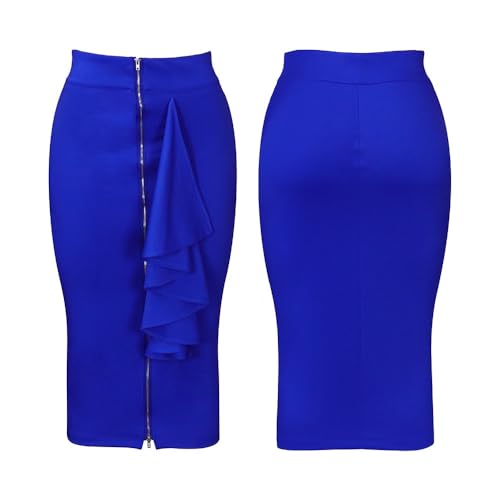 Women's Fashion Front Zipper Closure Bodycon Midi Pencil Skirt Elegant Solid Color High Waist Ruffle Work Party Skirts2