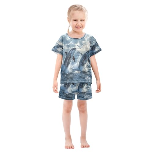 ALAZA Whale Ocean Sea Seagull Pajamas Set Short Sleeve Cotton Sleepwear Summer Pjs 2 Piece 5-14Y3