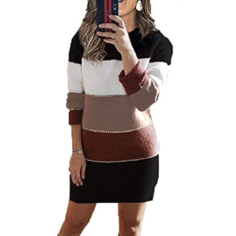 Yutila Women's Knitted Dress Crew Neck Colour Block Sweater Dress Winter Long Sleeve Jumper Dresses - Brown - Large Cover