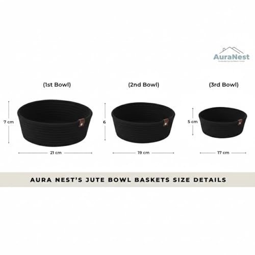 Image of AuraNest Set of 3 Black Cotton Rope Storage Baskets - Round Decorative Organizer Bowls for Kitchen, Snacks, Fruits, Keys, Tabletop Storage & Modern Home Decor (Black)