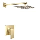 Heable Brushed Gold Shower Faucet Set, Single Function Shower Trim Kit with Rough-in Valve, Square Rain Shower Head System Included Extra Long Shower Arm for Bathroom