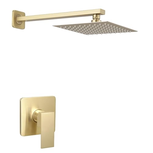 Heable Brushed Gold Shower Faucet Set, Single Function Shower Trim Kit with Rough-in Valve, Square Rain Shower Head System Included Extra Long Shower Arm for Bathroom