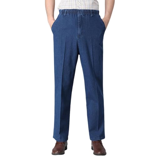 Bauzuoyo Pantalones de hombre con cintura elástica para personas mayores, pantalones vaqueros elásticos de cintura alta, pantalones vaqueros de pierna recta con bolsillos, pantalones de trabajo