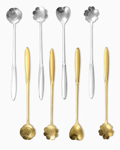 SCJJZ Cuillères à café,Cuillère à mélanger 8 pièces, cuillère à café en Acier Inoxydable, cuillère à Sucre pour Vaisselle créative, cuillère à Glace (4 Argent, 4 Or)