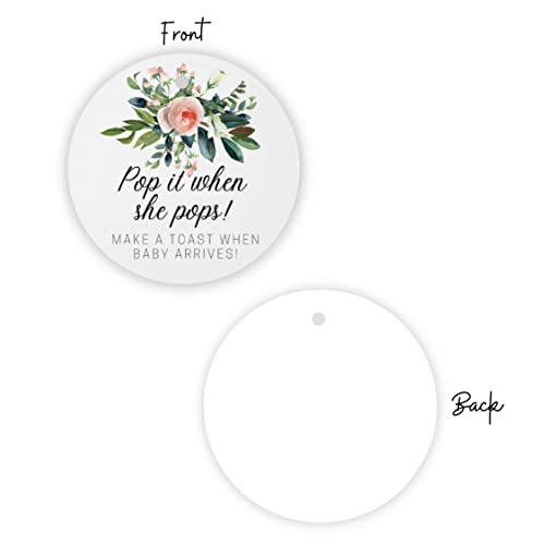 Pop It When She Pops Champagne Tag | 30 Pack | 2.5\" inch Circle with Pre-Cut Hole | Baby Shower Party Favor Tag | Floral Design for Baby Shower Party Favor