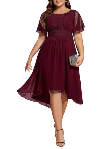 Image of Ever-Pretty Women's Plus Size Formal Wedding Guest Dresses for Curvy Women A Line Chiffon Midi High Low Cocktail Dress
