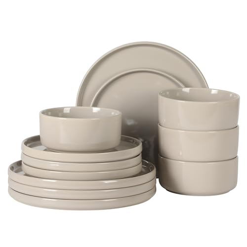 Image of Gibson Elite Moonstone 12 Piece Modern Stoneware Dinnerware Set for 4, Grey Plates and Bowls Set, Dinner Plates, Salad Plates, Bowls