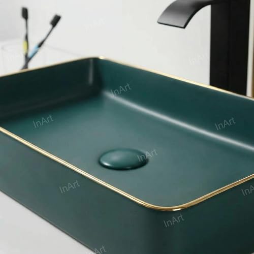 Image of Inart Ceramic Wash Basin | Counter Top Basin | Living room or Bathroom Table Top Basin | Green Matt Color 60 x 34 x 11 CM