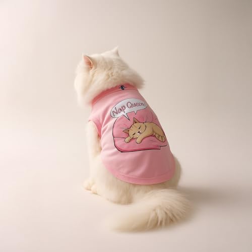 Image of Thunder Tails Printed Cat T-Shirt for Small to Large Cats & Kittens | Lightweight Breathable Cotton Pet Apparel | Cute & Stylish, Comfortable Round Neck Cat Clothes (M, Pink)