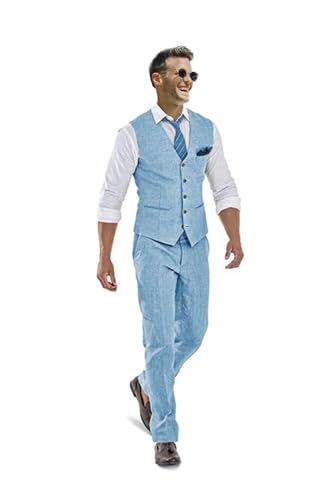 Men Suit Linen 2 Pieces Vest Pant Set Light Blue Beach Wedding Attire Light Weight Formal Suit Vest & Pant for Men Slim Fit bl-XXL/4640